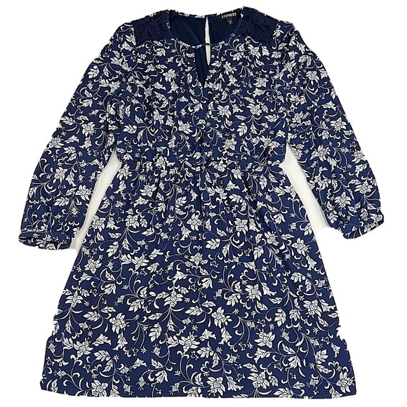 Express Dress Womens Medium Navy Blue Floral Long Sleeve Lace Trim - Picture 1 of 16